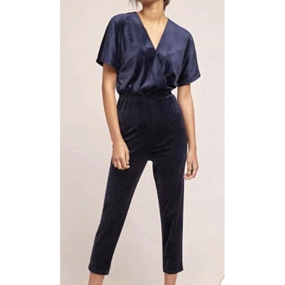 Saturday Sunday Women's Navy Velvet Velour V-Neck Short Sleeve Tapered Jumpsuit